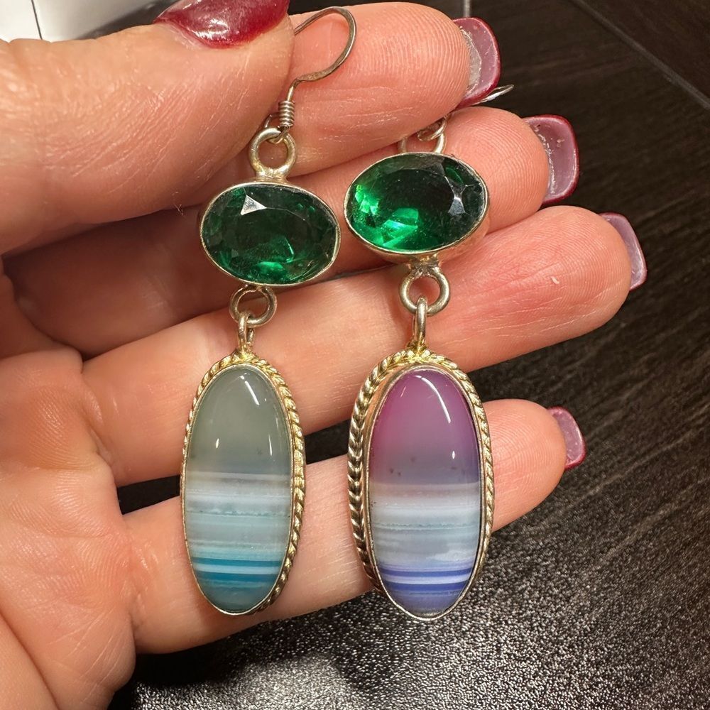 Genuine dyed agate and green quartz in sterling silver dangle earrings!